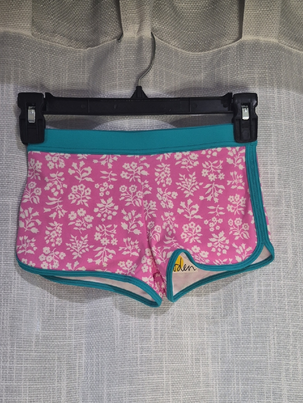 Girls' Boden Pink Floral Athletic Swim Shorts with Teal Trim